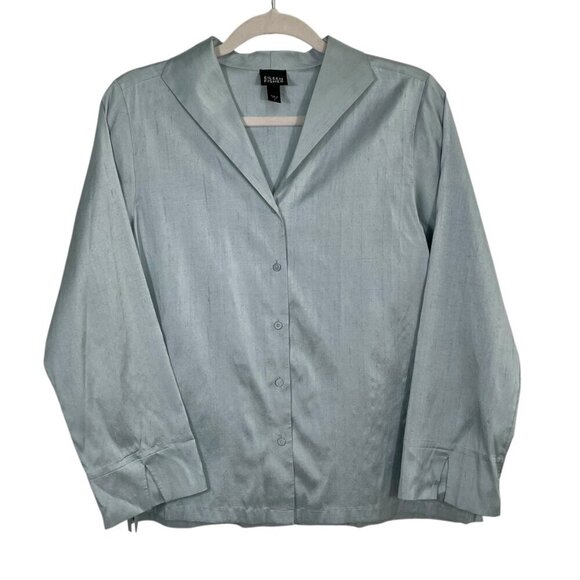 Eileen Fisher Raw Silk Button Down Blouse Gray Easy Fit Short Length Size Small - Picture 14 of 14